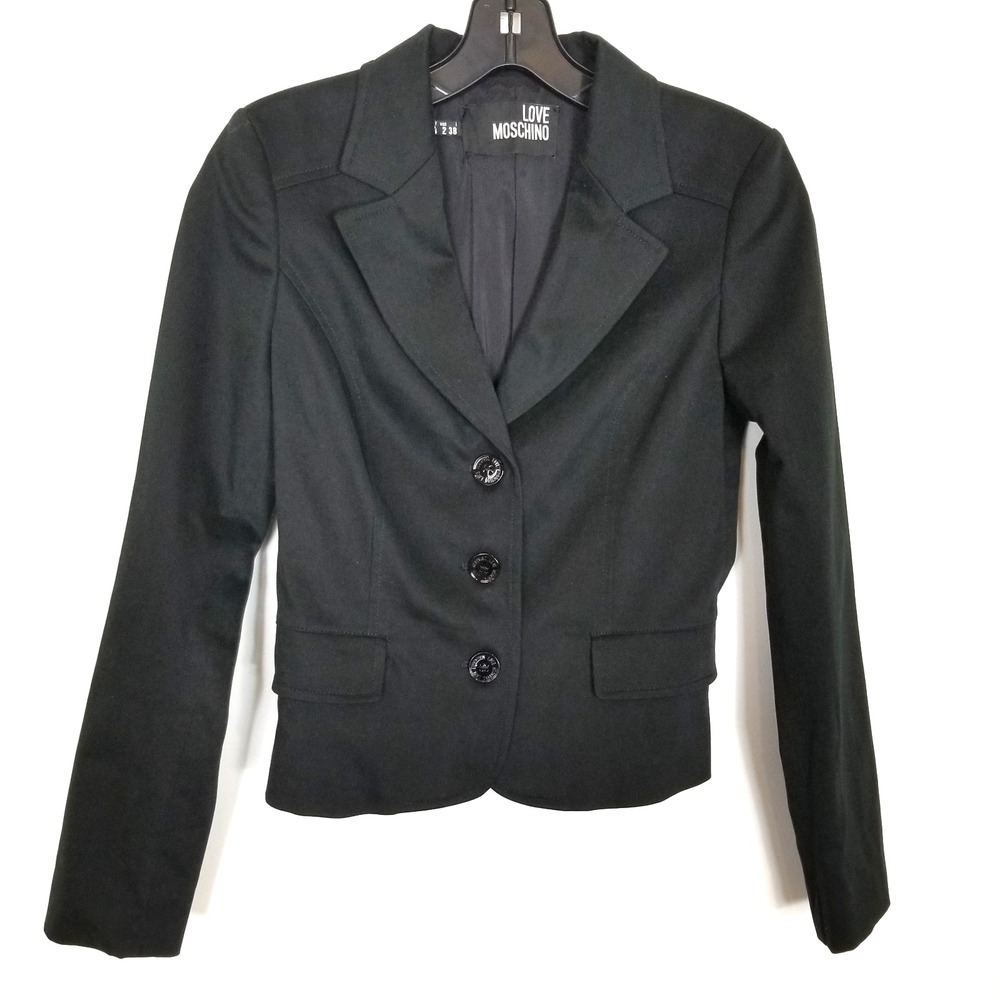 Love Moschino Women Cotton Blazer Jacket Sz 2 Black Button Up Crop Designer